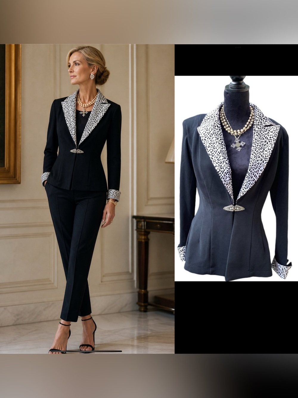 BETSY & ADAM JACKET WITH BLACK &  WHITE‎ LEOPARD COLLAR & CUFFS.BROACH CLOSURE .